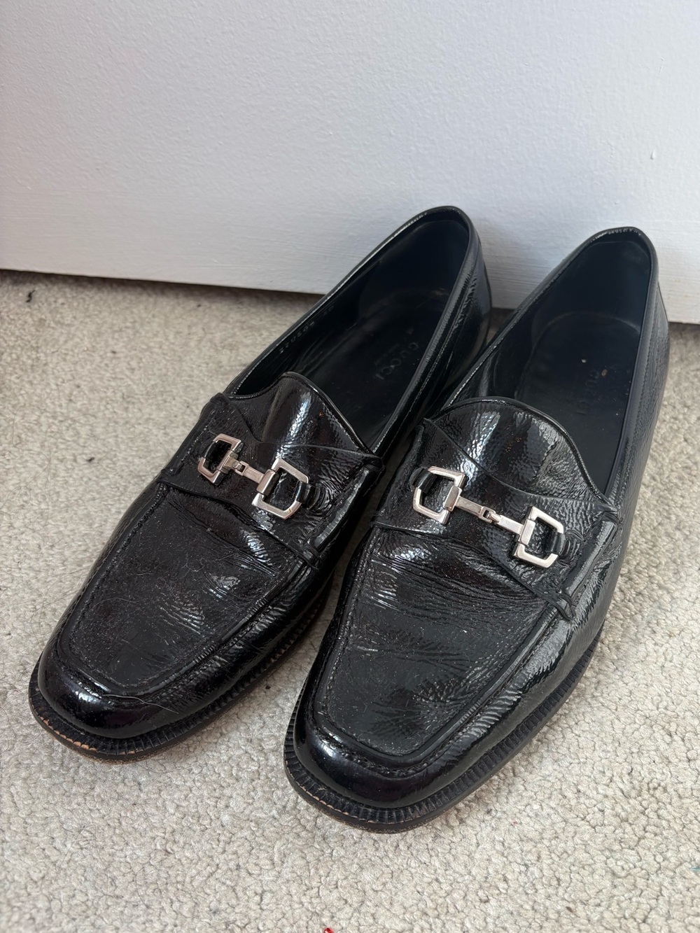 Gucci Black Patent Leather Horsebit Loafers